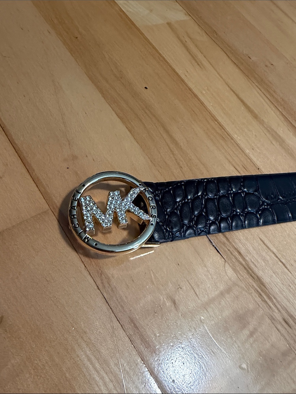 Michael Kors Black Croc Embossed Leather Belt Crystal MK Buckle Gold Size M